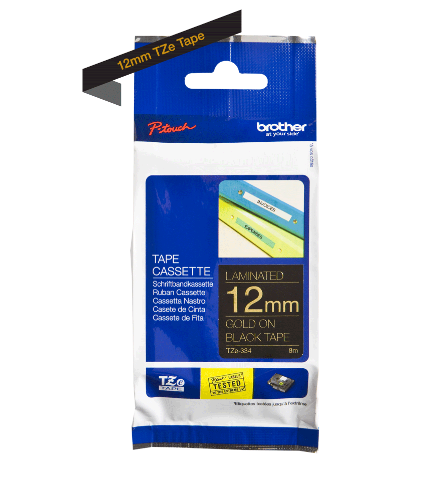 Genuine Brother TZe-334 Labelling Tape Cassette – Gold On Black, 12mm wide 3
